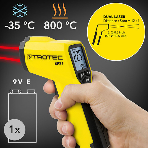 Beskontaktno merenje površinske temperature od -35°C do +800°C.
